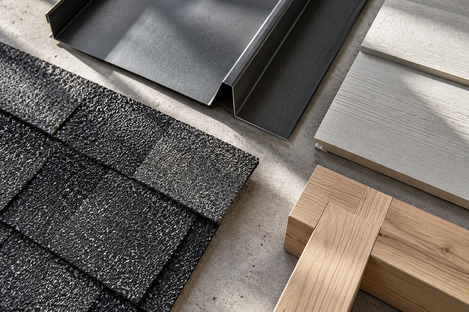 Illustrative study of roofing, siding and timber material textures